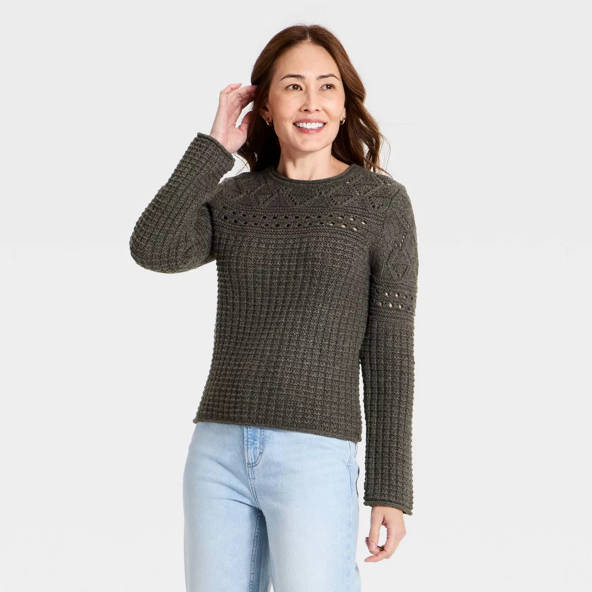 Women's Waffle Crewneck Pullover Sweater - Universal Thread\u2122 Dark Brown S | Target