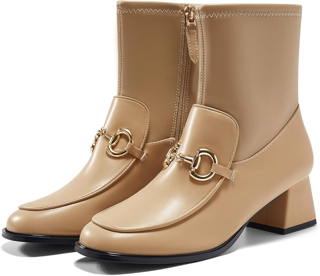 Womens Square Toe Ankle Boots Chunky Low Heel Metal Chain Side Zipper Dress Fall Booties Shoes | Amazon (US)