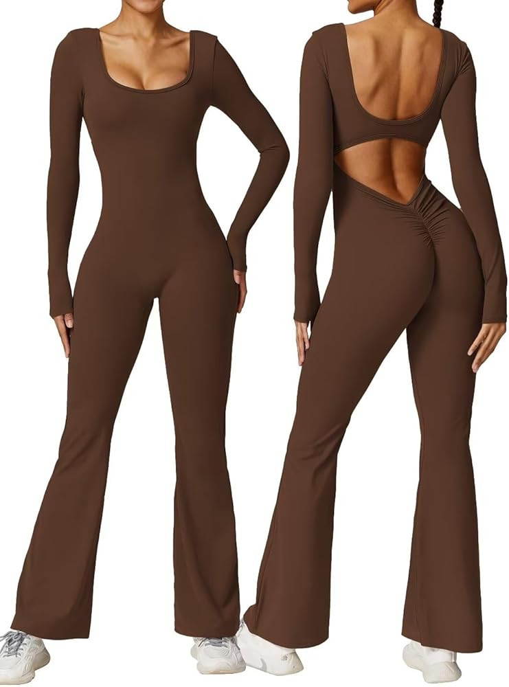 Vertvie Women Flare Jumpsuits Long Sleeve Sexy Backless Padded Bodycon Rompers Scrunch Butt V Bac... | Amazon (US)