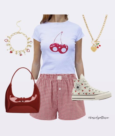 Women’s boxer shorts outfit, high top converse, red outfit, graphic tee, charm necklace, red purse, trendy outfit, spring outfit, casual outfit

#LTKfindsunder50 #LTKstyletip #LTKSeasonal