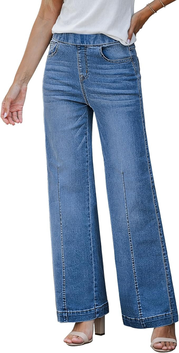 GRAPENT Pull On Womens Jeans Baggy Stretchy High Waisted Denim Wide Leg Trouser Pants Trendy Fron... | Amazon (US)