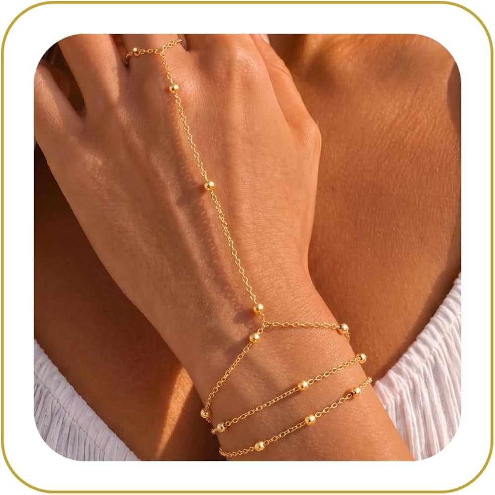 Hand Chain Bracelet for Women, Dainty 14K Gold Plated Bracelet | Amazon (US)