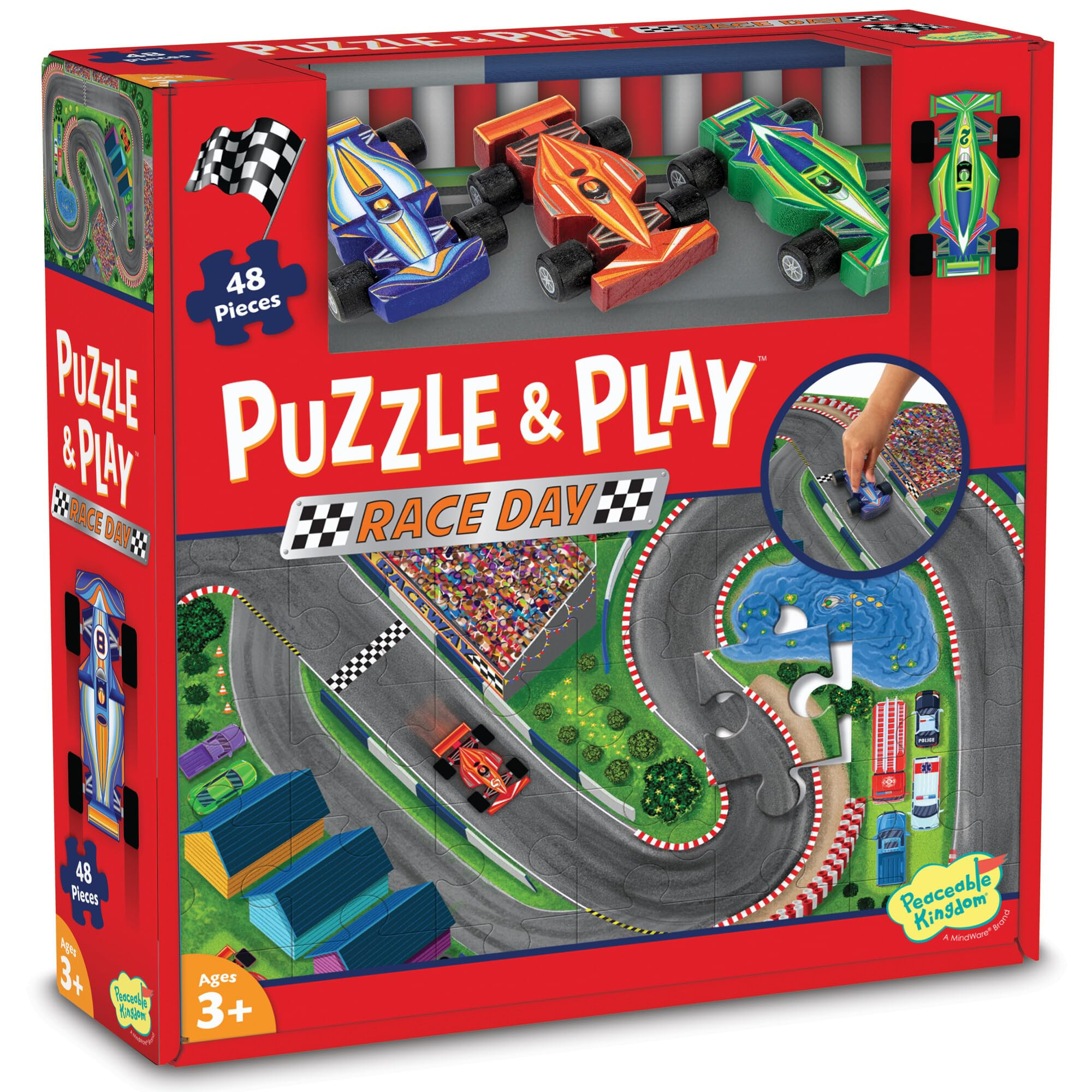 Peaceable Kingdom Puzzle & Play: Race Day - Floor Puzzle for Kids Ages 3 and Up - Includes 3 Wood... | Amazon (US)
