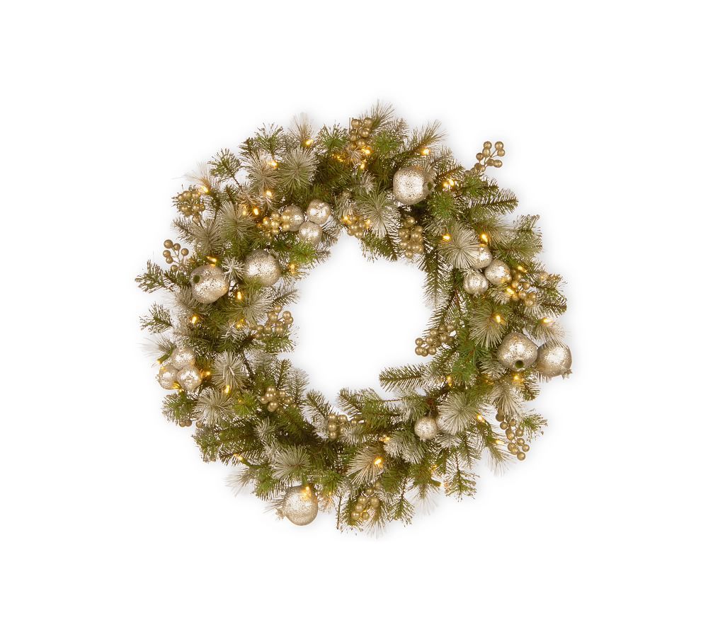 Pre-Lit LED Faux Mixed Pine Glitter Wreath, 24&amp;quot; | Pottery Barn (US)