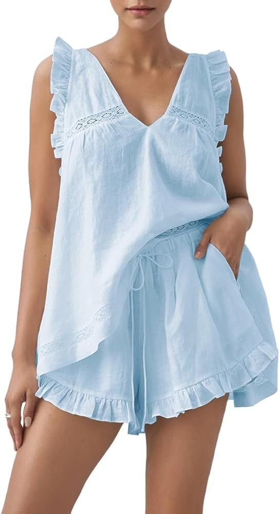Womens Ruffle Short Set 2 Piece Outfits Fashion Summer Sleeveless Lace Trim Top and Shorts Cotton... | Amazon (US)