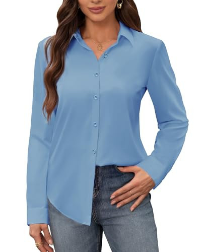 siliteelon Women's Stain Shield Dress Shirts Wrinkle Free Long Sleeve Shirts Solid Work Business Button Down Shirts Blue Large | Amazon (US)