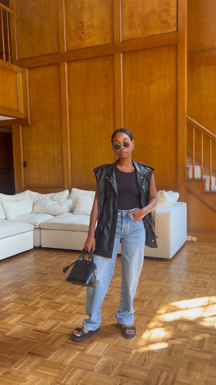 Black leather vest, black tank, straight leg jeans, Steve Madden dad sandal 

#LTKSale #LTKstyletip #LTKshoecrush
