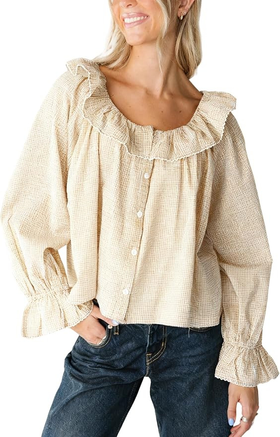 Majdan Womens Gingham Blouse Long Sleeve Shirts | Amazon (US)
