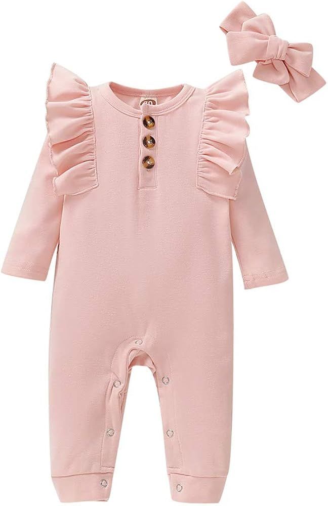 Newborn Baby Girl Jumpsuit Cotton Linen Solid Romper Short Sleeve One-Piece Bodysuit Infant Summe... | Amazon (US)