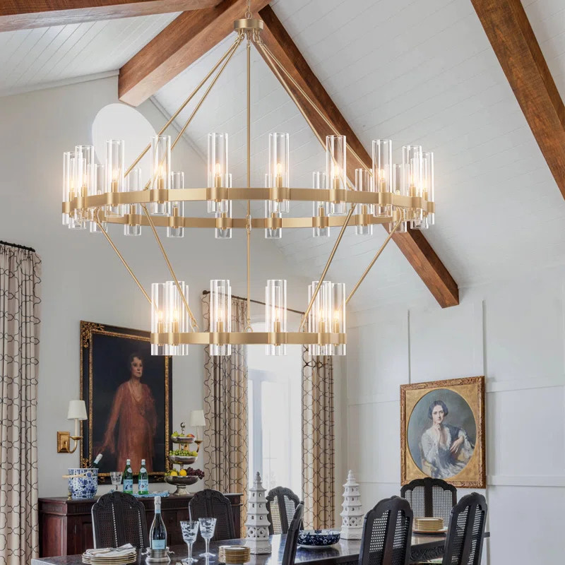 Lynkin 30 - Light 2 - Tier Wagon Wheel Led Chandelier with Glass Shade | Wayfair North America