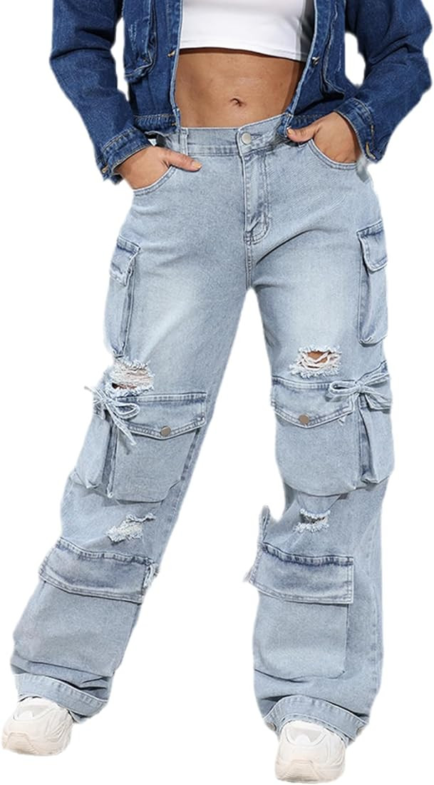 ThusFar Women's High Waist Baggy Jeans Flap Pocket Cargo Pants Loose Denim Pants Streetwear | Amazon (US)