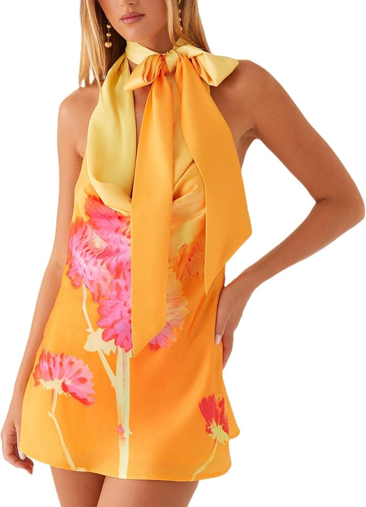 Women Sexy Halter Backless Mini Dress Floral Open Back Low Cut Short Dress Summer Tie Up Going Ou... | Amazon (US)