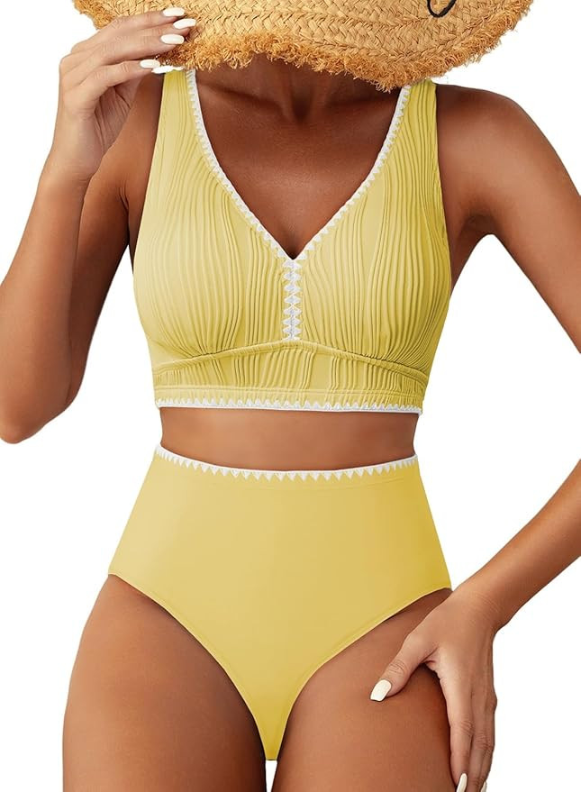 Herseas High Waisted Bikini Sets for Women - Textured Whip Stitch 2 Piece Swimsuit Bestselling Su... | Amazon (US)