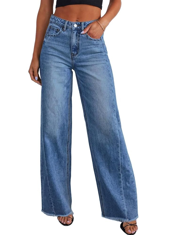 Sidefeel Women's Wide Leg Jeans High Waisted Strechy Raw Hem Zimbaplatinum Denim Pants | Amazon (US)