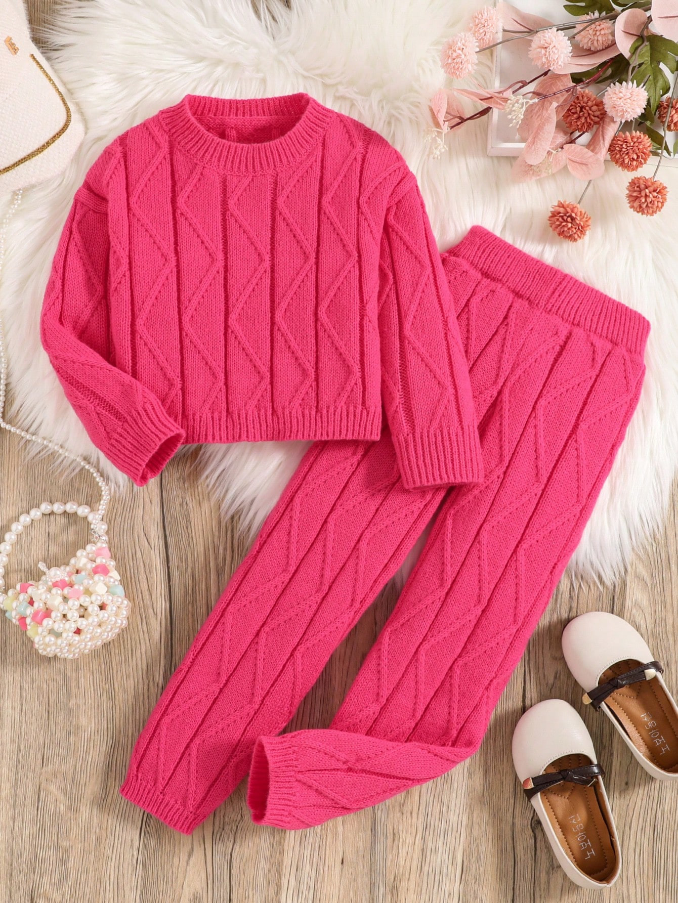Young Girl Solid Cable Sweater & Knit Pants | SHEIN