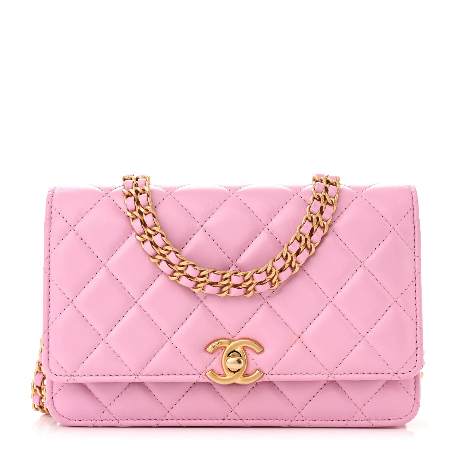 Lambskin Quilted Logo WOC Wallet On Chain Lilac | FASHIONPHILE (US)