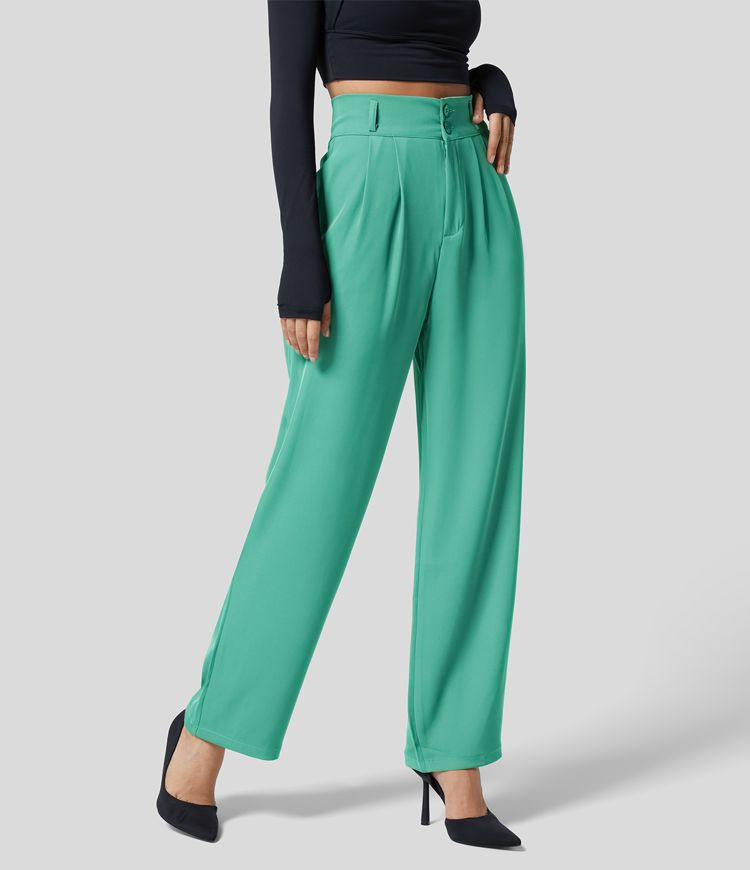 High Waisted Button Zipper Plicated Side Pocket Shirred Straight Leg Work Suit Pants | HALARA