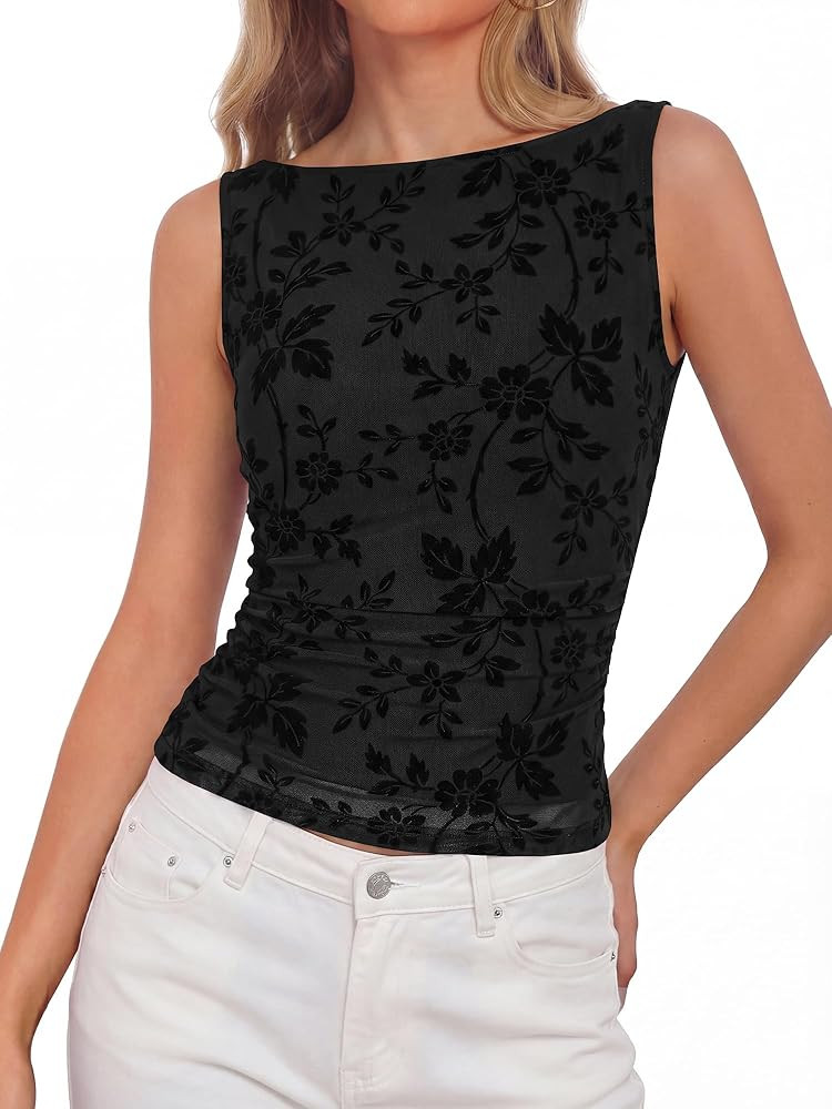 BTFBM Womens Tank Tops 2026 Summer Floral Mesh Sleeveless Boat Neck Slim Fit Shirts Casual Spring... | Amazon (US)
