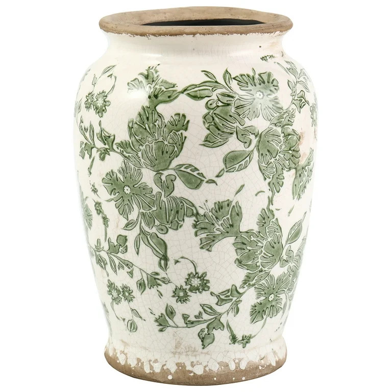 Vintage Ceramic Vase – Green Floral Chinoiserie Design, Rustic Large Vase for Flowers, Tuscan &... | Walmart (US)