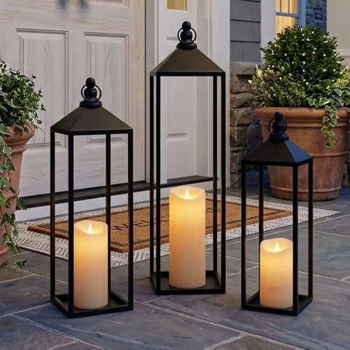 Black Floor Lanterns for Outdoor Indoor, Tall Metal Candle Lantern Set of 3 | Amazon (US)