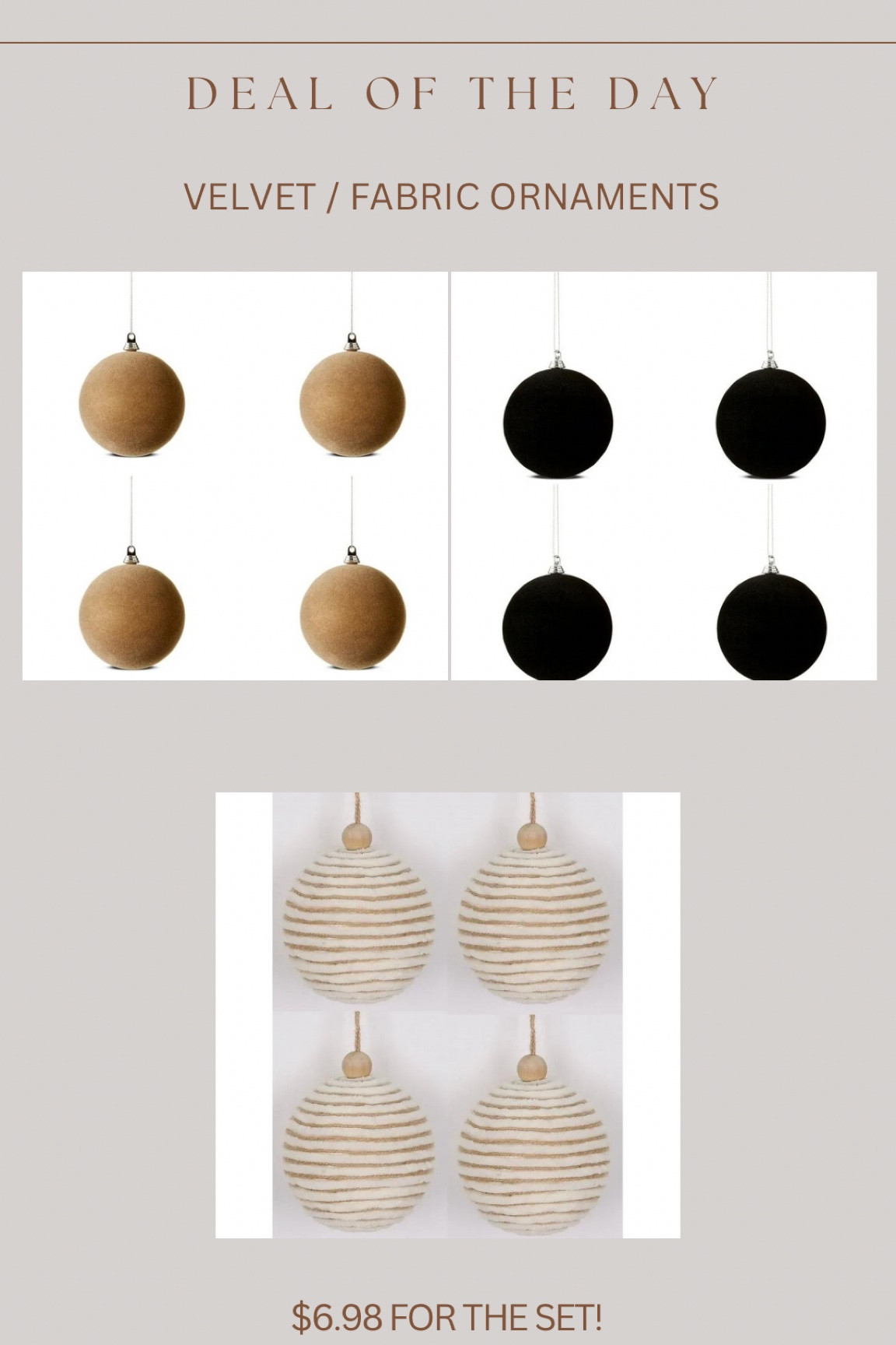 Walmart budget friendly ornaments!!!! The top two are velvet & the bottom is a fabric wrapped texture!!

These will all sellout fast! Only $6.98 for four!  

#LTKFindsUnder50 #LTKSaleAlert #LTKSeasonal