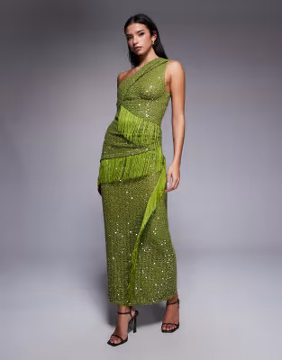 ASOS DESIGN sequin knit twist one shoulder midi dress with drape fringe panels in green | ASOS (Global)