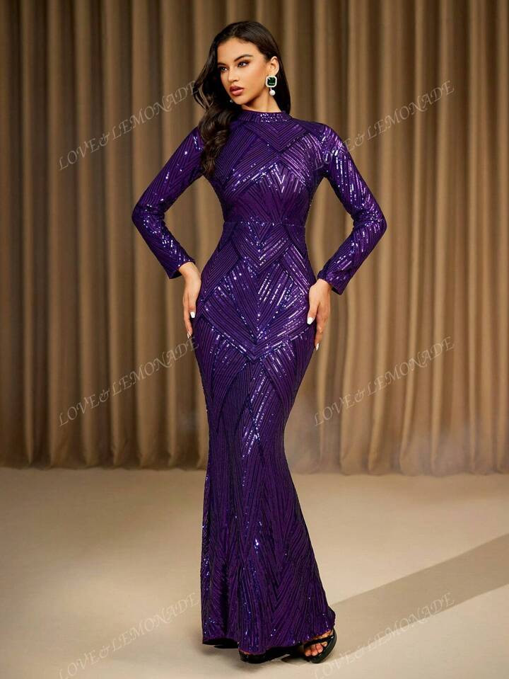 LOVE&LEMONADE Purple Long Sleeve Stand Collar Sequin Maxi Evening Dress (Front Upper Half, Random... | SHEIN