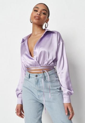 Missguided - Lilac Satin Wrap Front Cropped Shirt | Missguided (UK & IE)