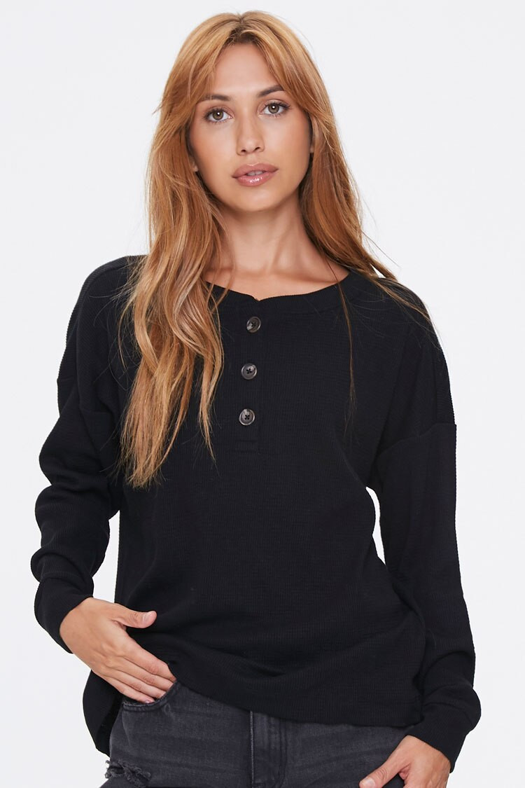 Waffle Knit Henley Top in Black Small | Forever 21 (US)