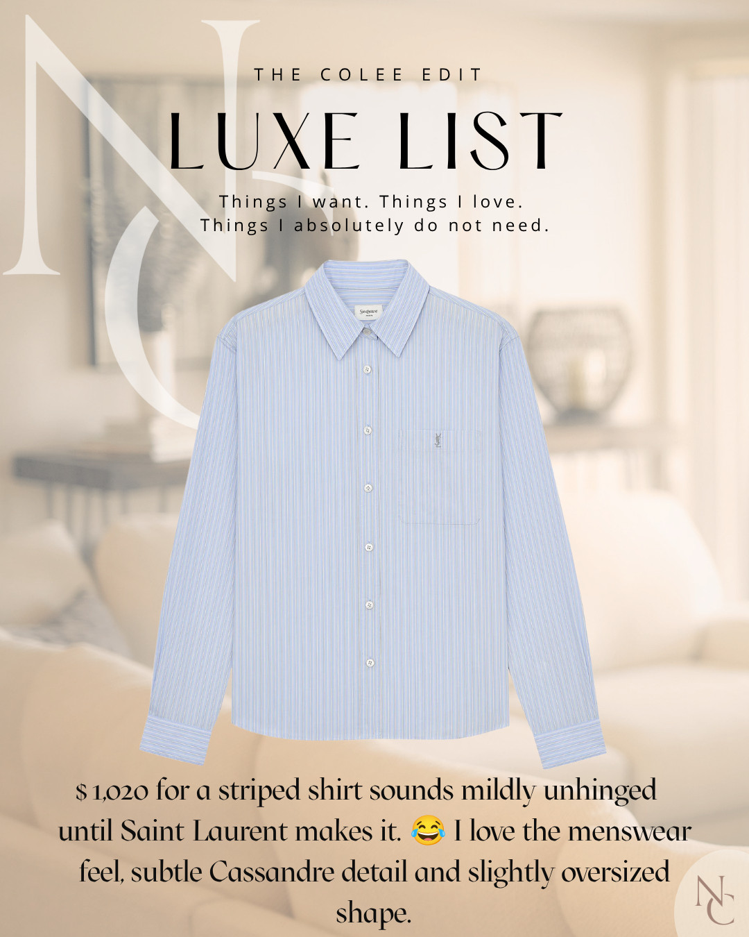 A $1,020 striped shirt is mildly unhinged…which is exactly why it made the Luxe List. 😂 Love the menswear feel, oversized shape and subtle YSL detail. 

 #LTKdayinmylife #LTKSeasonal #LTKOver40