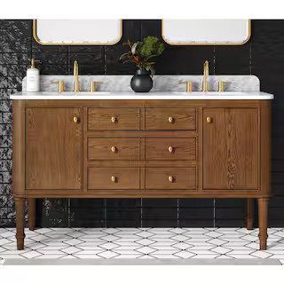 Collette 60 in W x 22 in D x 35 in H Double Sink Bath Vanity in Cinnamon Oak With White Carrara M... | The Home Depot