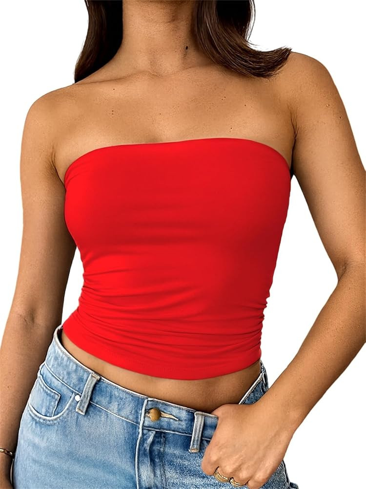 ForeFair Women Strapless Tube Tops Double Lined Ruched Backless Bandeau Going Out Top Basic Tank ... | Amazon (US)
