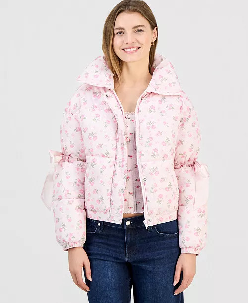 Juniors' Printed Bow-Trim Puffer Jacket | Macy's