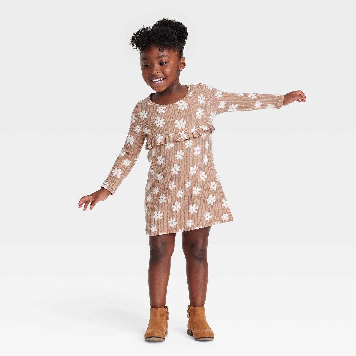 Grayson Collective Toddler Girls' Cozy Floral Ribbed Long Sleeve Dress - Brown 3T | Target