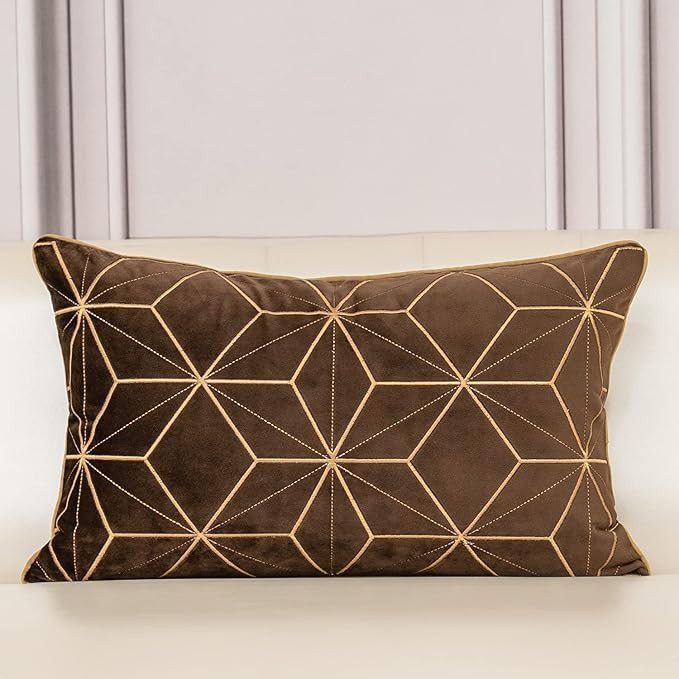 Aeckself 12 x 20 Inch Brown Gold Plaid Geometric Lines Embroidery Velvet Cushion Case Luxury Modern  | Amazon (US)