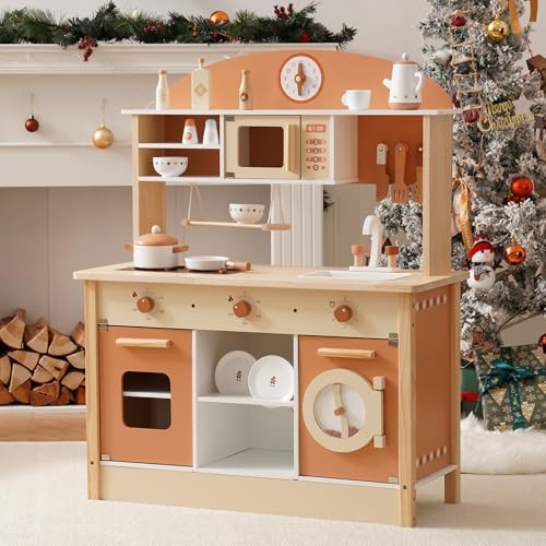 ROBOTIME Wooden Play Kitchen Set, Play Kitchen Set for Kids with Realistic Design, Kids & Toddlers Kitchen Playset with Dishwasher, Toy Kitchen Set for Boys and Girls Ages 3+ (Brown) | Amazon (US)