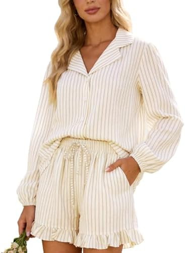 Flygo Womens Striped Ruffle Pajama Set Puff Sleeve Button Down Outfits Lounge Set 2 Piece Short P... | Amazon (US)