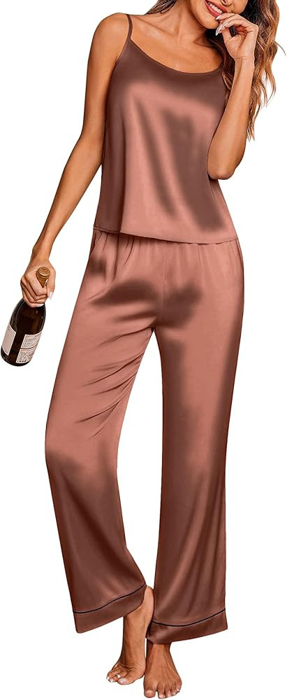 Ekouaer Women Silk Satin Pajamas Sleeveless Pjs Set 2 Piece Summer Loungewear Sleepwear with Pock... | Amazon (US)