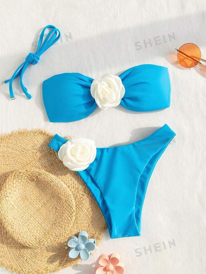 SHEIN Swim Summer Beach Women's Color Block Swimsuit Set With 3d Flower Decor Wedding | SHEIN