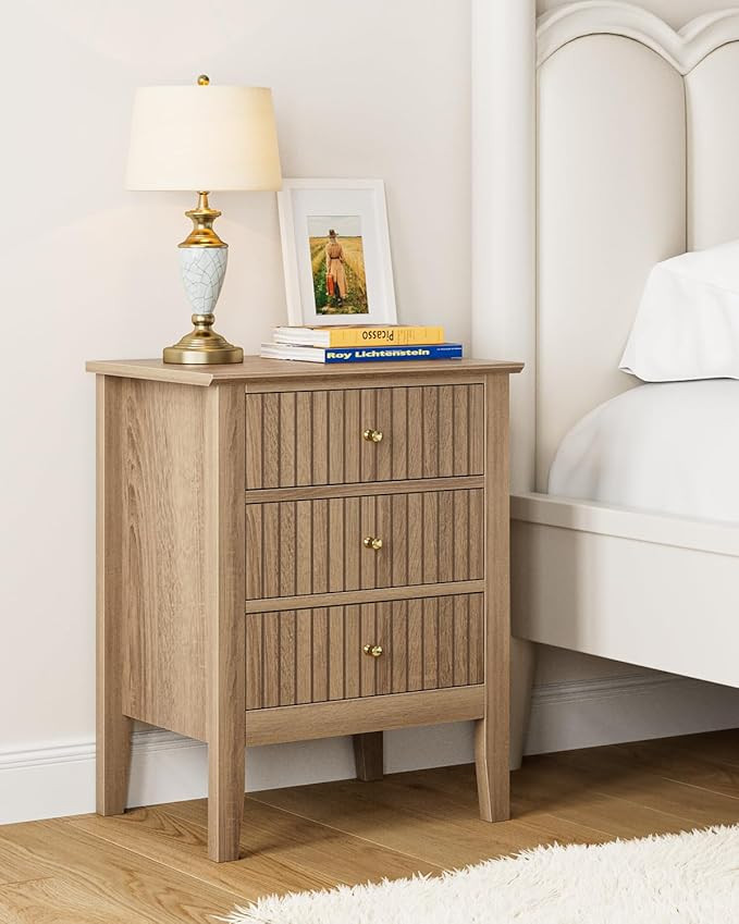 Fluted Nightstand, Farmhouse Night Stand with 3 Drawers, Mid Century Modern Side Accent Table,Bed... | Amazon (US)