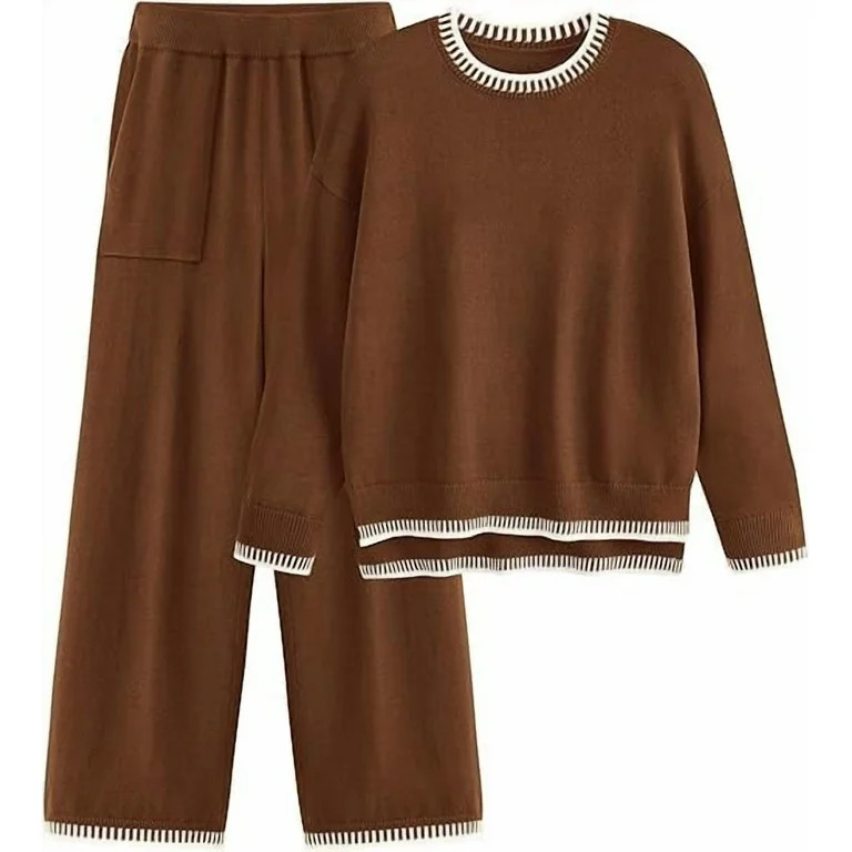 PRETTYGARDEN Women's 2 Piece Knit Sweater Outfit Casual Long Sleeve Pullover Wide Leg Pants Track... | Walmart (US)