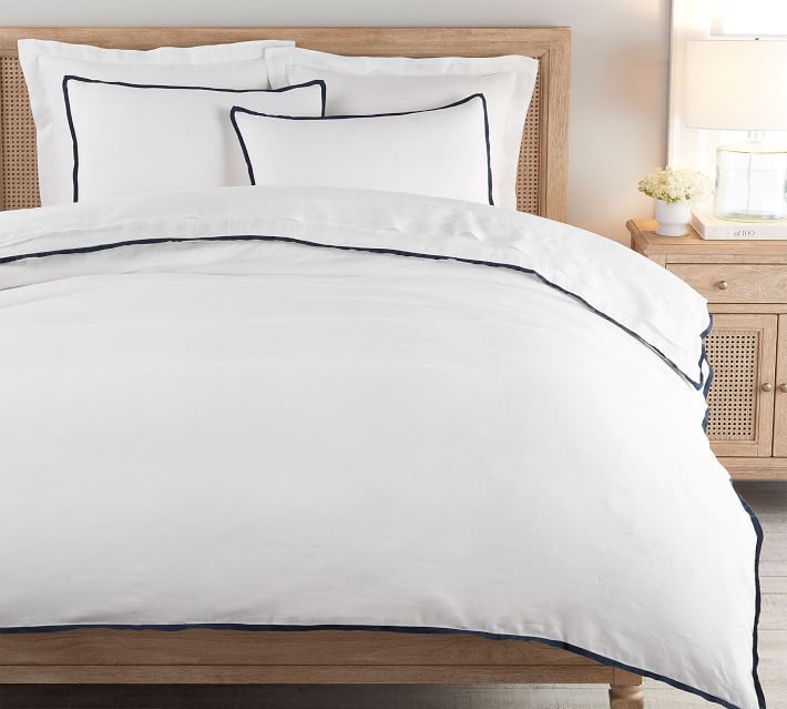 Belgian Flax Linen Contrast Flange Duvet Cover & Shams - White/Midnight | Pottery Barn (US)