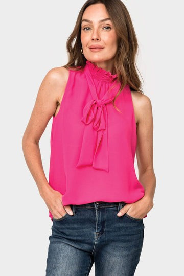 Smocked Neck Chiffon Shell with Detachable Tie | Gibsonlook