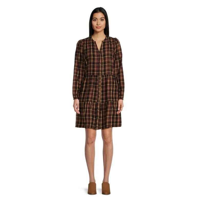 Time and Tru Women's Tiered Plaid Shirtdress with Puff Sleeves, Sizes XS-XXXL | Walmart (US)