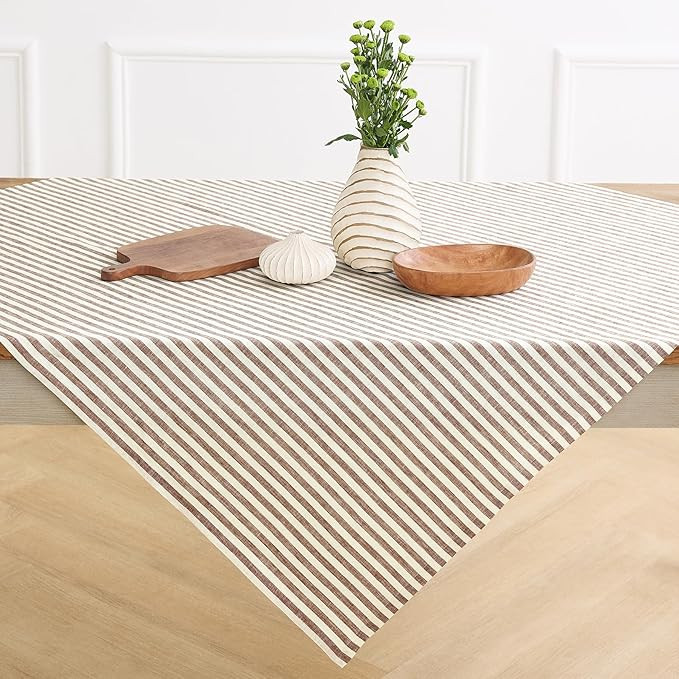 Solino Home Linen Striped Tablecloth 52 x 52 Inch - 100% Pure Linen Brown and Cream Square Table ... | Amazon (US)