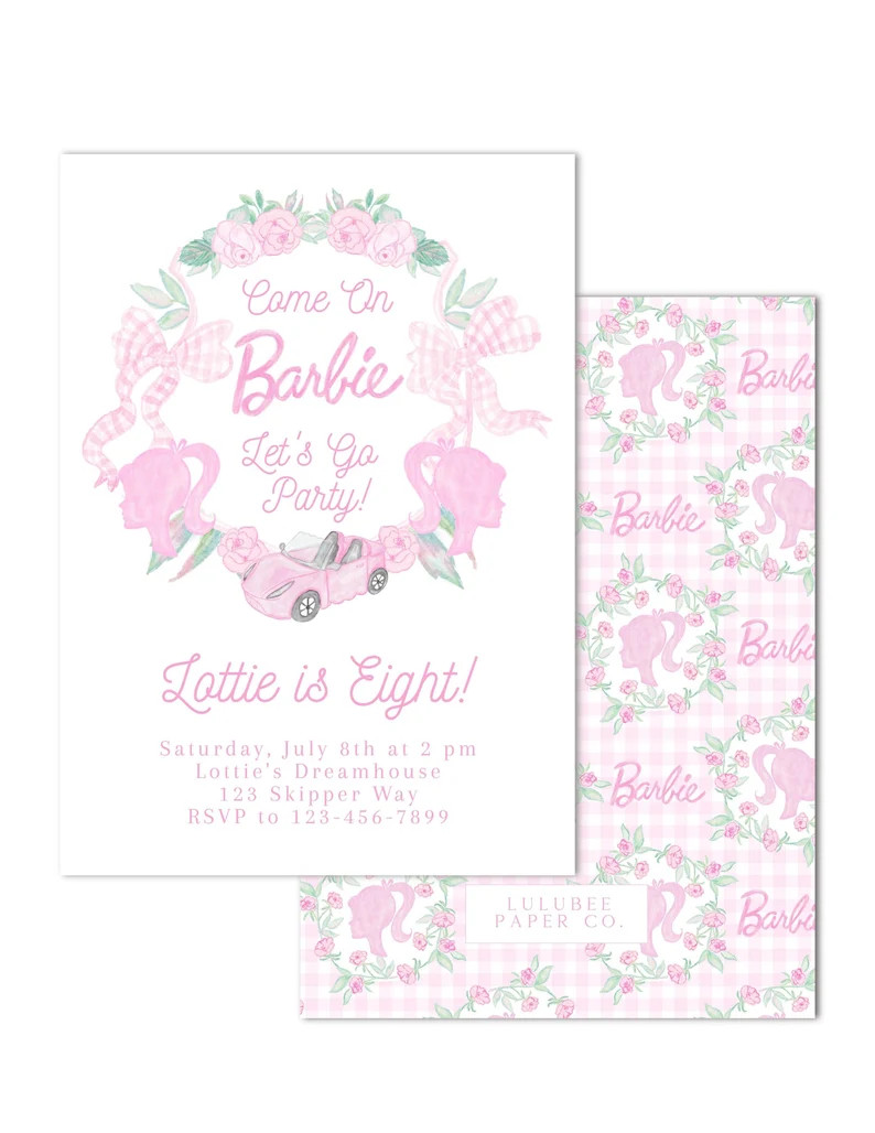 Printable Watercolor Pink Doll Party Birthday Party Invitation | 5x7 | Gingham, Bows, Preppy, Gra... | Etsy (US)