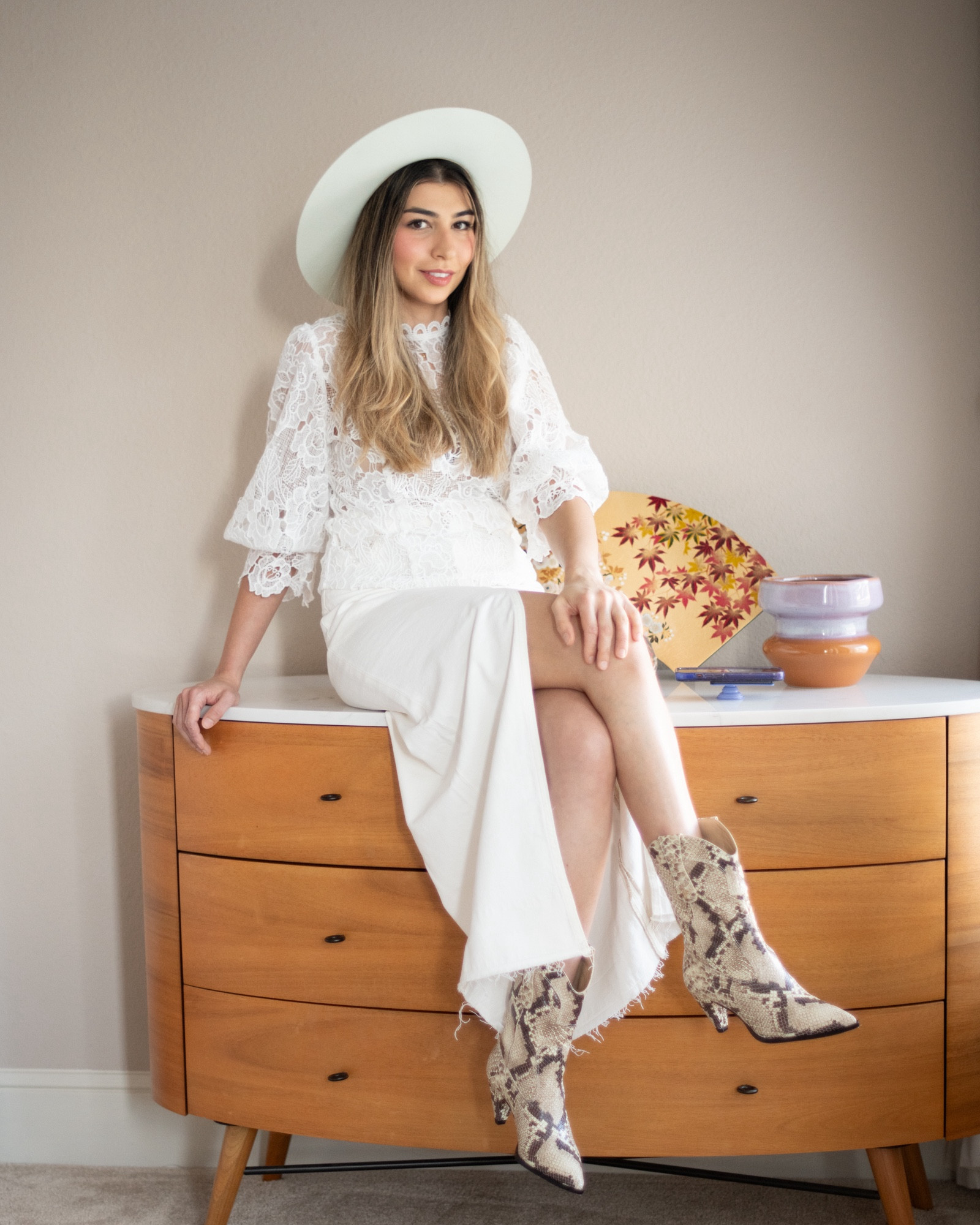 Rodeo Outfit Inspo! 🤠 I was inspired by Beyonce’s latest album so I’ve added a white embroidered crochet top with white jeans midi skirt and white felt hat. Finishing with snake boots 🥾 

#LTKSeasonal #LTKdayinmylife #LTKootd