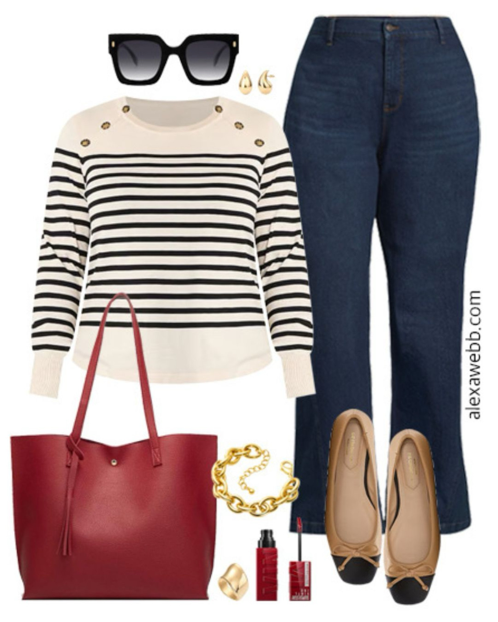 Plus Size Teacher Outfits 2024 - Part 2 - A plus size business casual outfit for teachers heading back to school this fall. A plus size striped sweater, trouser jeans, cap toe flats, and a red tote bag. Alexa Webb

#LTKPlusSize #LTKShoeCrush #LTKStyleTip