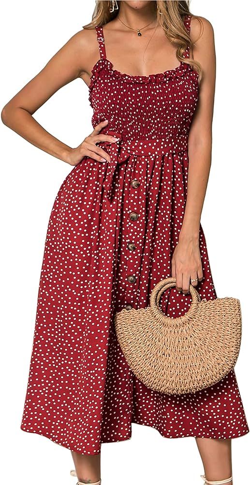 LOHILL Women's Summer Boho Polka Dots Spaghetti Strap Swing Dress with Belt | Amazon (US)