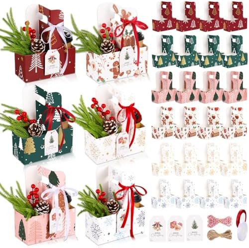 PYQTH 24 Count Christmas Paper Gift Bags Drink Carrier with Handle 2 Cup Gingerbread House Kraft ... | Amazon (US)